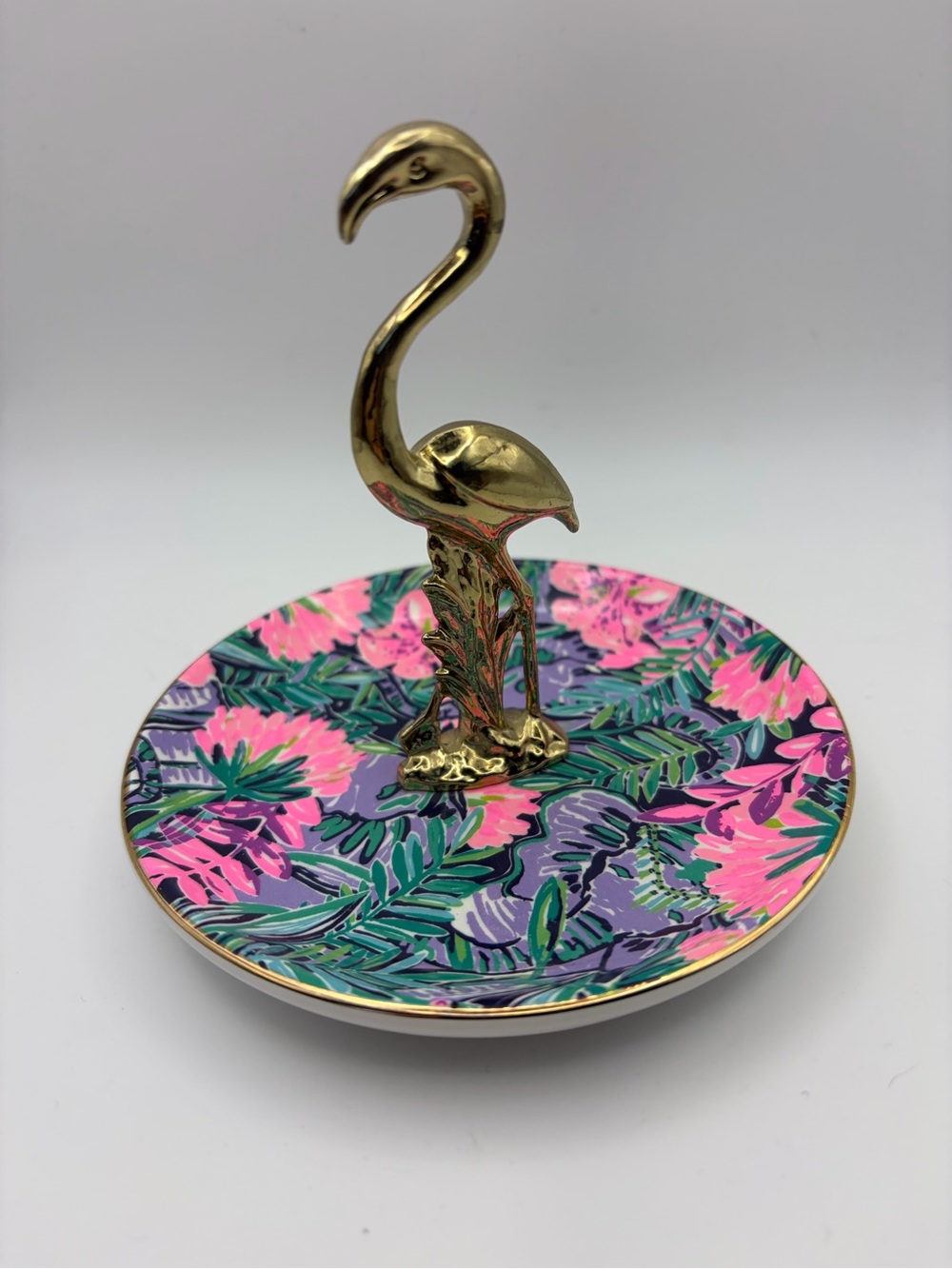 Lilly Pulitzer Flamingo Ring Dish Tropical Floral Trinket Tray Gold Tone